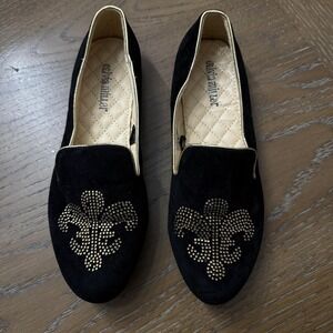 Olivia Miller Shoes Womens Size 7 Black Gold Studded Loafers Flats Fleur De Lis